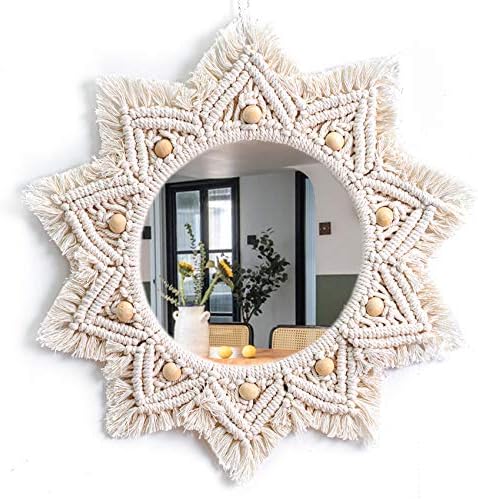 TENEWEE Boho Wall Decor White Macrame Round Hanging Mirror for Entryway by TENEWEE