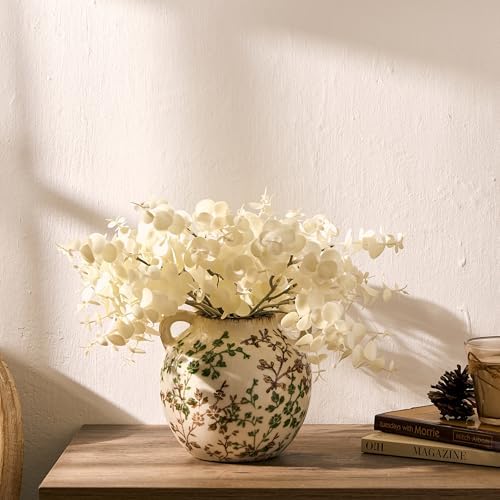 Green and Beige Antique Vase, 5.6 Inch Vintage Chinoiserie Floral Vase, Rustic Ceramic Vase for Home Decor, Living Room, Bookshelf, Office, Entryway, Garden, Chinoiserie Decor, Tuscan Decor - Image 4