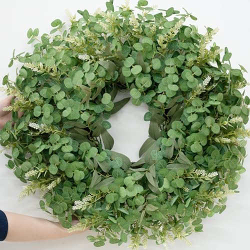 26" Large Eucalyptus Wreath for Front Door Spring Summer Greenery All Season Green Year Round Artificial Eucalyptus Leaves Wreath for Porch Farmhouse Home Wall Window Outdoor Indoor Decorations by Dushle