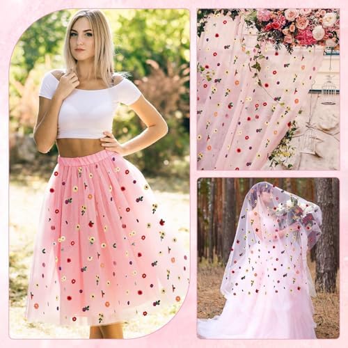 6PCS Pink Floral Table Runner 10 FT, Embroidery Daisy Table Runners Seasonal Spring Summer Sheer Tulle Dining Table Decor for Home Party Birthday Decor 29x120 Inch - Image 6