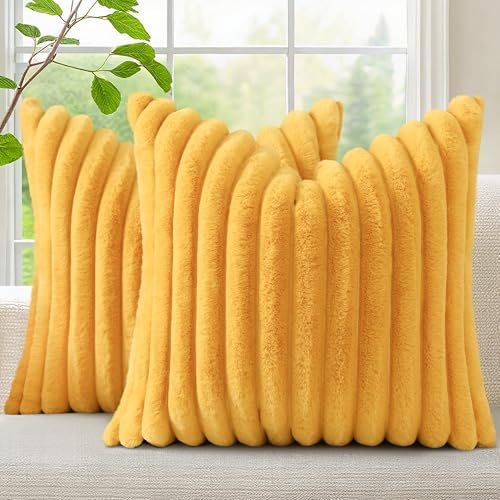 decorUhome Fall Faux Fur Throw Pillow Covers 26x26 Set of 2 Mustard Yellow by decorUhome