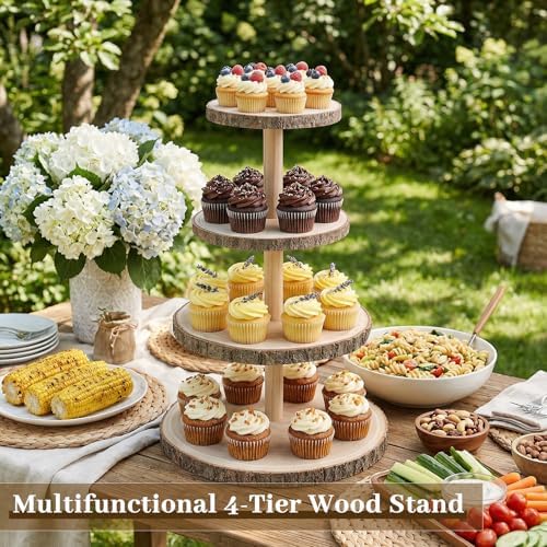 4 Tier Wooden Cupcake Tower, Wood Cupcake Stand, Tiered Dessert Stands, Large Rustic Cupcakes Display Holder Stand, for Woodland Baby Shower Decoration Wedding Birthday Tea Party Farmhouse Decor - Image 3