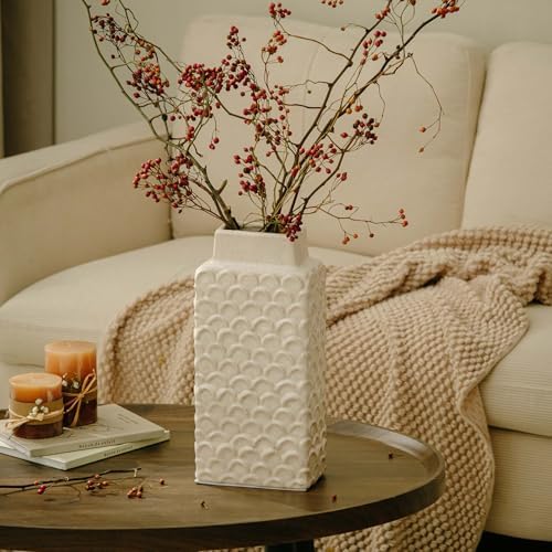 Ceramic Flower Vase, 12.6” Tall Rustic Farmhouse Decorative Vase for Home Decor, Beige Textured Pottery Vase for Pampas Grass, Living Room, Entryway, Mantel, Kitchen Table - Image 5