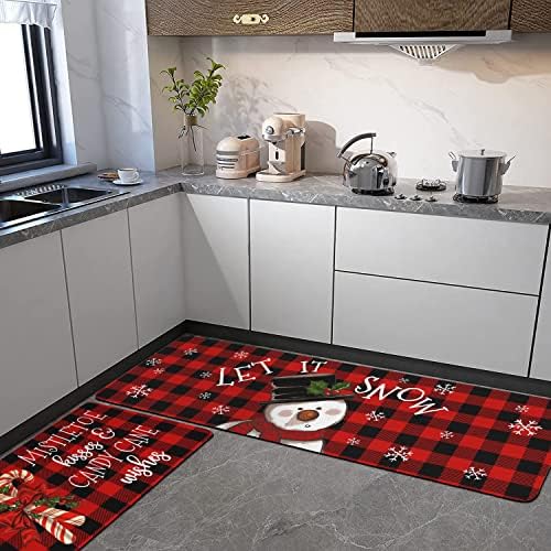 Buffalo Plaid Snowman Christmas Kitchen Rugs and Mats Set 2 Piece for Floor,Let It Snow Xmas Winter Holiday Non Skid Low-Profile Sink Rug Mat Decorations for Home Kitchen 18"x48"+18"x30" - Image 2