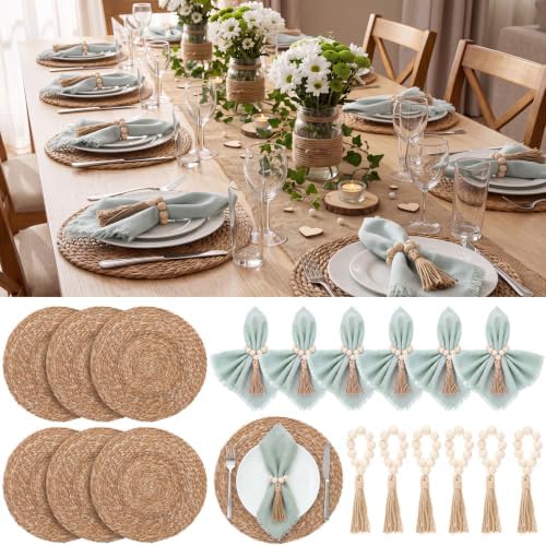 Fanfanwin Set of 6 Woven Placemats with Sage Green Napkins, 13" by Fanfanwin