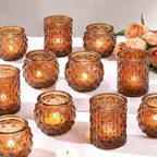 DARJEN Amber Votive Candle Holders Set of 24- Round Candle Holders Bulk, Glass Candle Holder for Vintage Decoration, Tea Lights Candle Holders for Wedding Home Party & Gift by DARJEN