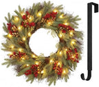 26” Christmas Wreath with Hanger Lights for Front Door Outdoor Evergreen Fir Berry Clusters Pine Cones Winter Décor Indoor Wall Decorations - Image 5