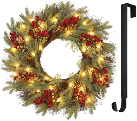 26” Christmas Wreath with Hanger Lights for Front Door Outdoor Evergreen Fir Berry Clusters Pine Cones Winter Décor Indoor Wall Decorations - Image 5