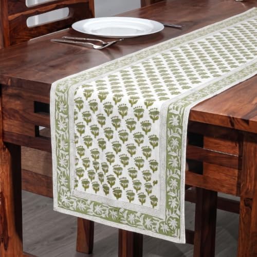 CPC Emerald Green Block Print Cotton Table Runner 16x106 Inch Long Runner by COTTONPRINTCLUB