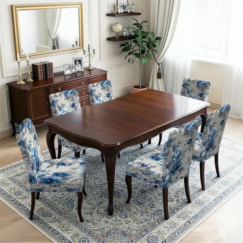 Blue Flower Chair Covers Set of 6,Stretchable Kitchen Dining Room Chair Covers Decorations Removable Washable Dining Chair Slipcovers Chair Protectors for Dining Room & Kitchen - Image 2