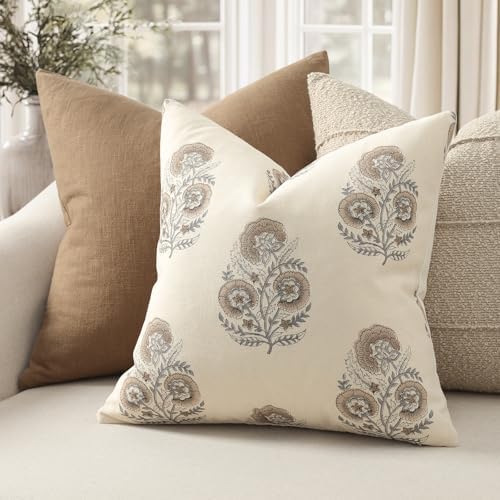 Vintage Floral Print Fall Pillow Covers 22x22 Set of 2 Patterned Accent Decorative Cushion Covers Modern Farmhouse Throw Pillow Covers for Sofa Couch Chair Bed Living Room Home Decor, Light Brown - Image 2