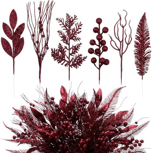 66 Pcs Burgundy Christmas Glitter Picks and Sprays by Vertintong