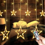 Star Curtain Lights for Bedroom - Plug-in 9ft 138 LED Fairy Twinkle Lights with 12 Star Drops, Connectable Window Lights with Remote 8 Lighting Modes for Indoor Xmas Ramadan Decoration, Warm White by Brightown