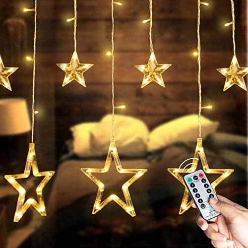 Star Curtain Lights for Bedroom - Plug-in 9ft 138 LED Fairy Twinkle Lights with 12 Star Drops, Connectable Window Lights with Remote 8 Lighting Modes for Indoor Xmas Ramadan Decoration, Warm White by Brightown