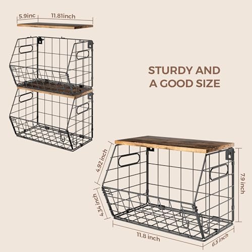 Delamu Stackable Metal Fruit Basket with Wood Lid 3 Pack, Hanging Wall Organizer for Kitchen Counter, Pantry Storage for Onions, Potatoes, Garli, Fruits, Spices, Black - Image 4