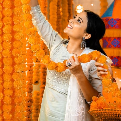 Thiccywoov 8 Pcs 5 Ft Marigold Garland with LED Halloween,Light Orange - Image 3