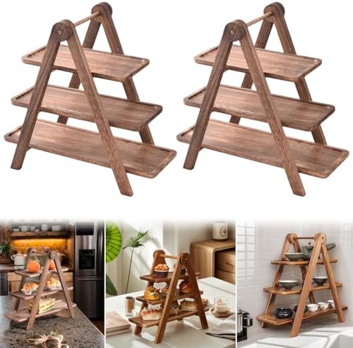 2 Pack Wood 3 Tier Serving Tray Three Tiered Cupcake Stand Rustic Rectangle Serving Platter for Party Decorative Tray Wooden Farmhouse Decor - Image 5