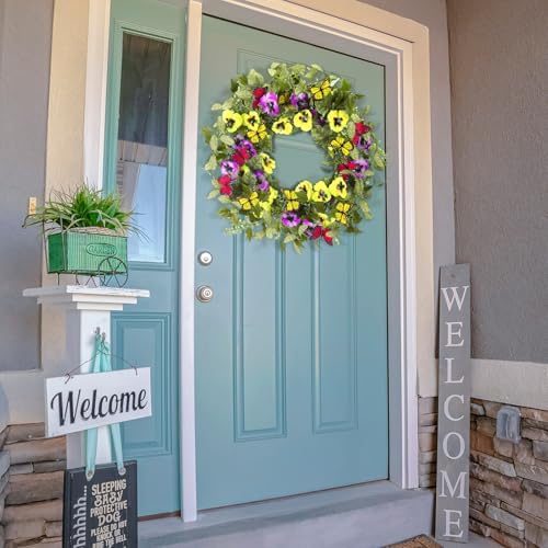 Hotop 2 Pcs Spring Summer Door Wreath for Front Door 22'' Artificial Yellow Purple Pansy Floral Wreath with Butterfly Green Eucalyptus Leaves for Indoor Outdoor Home Wedding Farmhouse Window Decor - Image 5