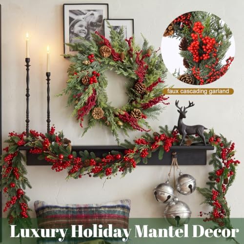 Yinder 20 Inch Christmas Wreath with LED Lights Red Berry Pinecones - Image 4