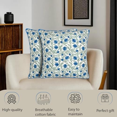 Ridhi Block Print Queen Blue Pillow Cover 20" x 20" (Pack of 2) Decorative Couch Pillows for Living Room, Farmhouse Chic Boho Cute Outdoor Pillows Covers Gifts for Spring, Mother's Day - Image 6
