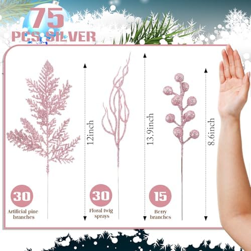 75 Pcs Christmas Glitter Tree Picks 3 Styles Berry Stems, Light Pink - Image 2
