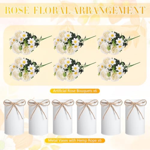 Domensi 6 Sets Wedding Centerpiece for Table Decoration Artificial Fake Rose Flowers with Metal Vase, Faux Silk Rose Bouquet Floral Arrangements for Bridal Shower Home Dining Party (White) - Image 5