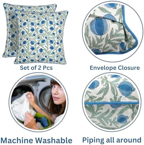 Ridhi Block Print Queen Blue Pillow Cover 24" x 24" (Pack of 2) Decorative Couch Pillows for Living Room, Farmhouse Chic Boho Cute Outdoor Pillows Covers Gifts for Spring, Mother's Day - Image 3