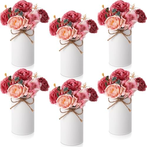 Domensi 6 Sets Wedding Centerpiece for Table Decoration Dusty Pink Artificial Fake Rose Flower with Metal Vase Faux Silk Rose Bouquet Floral Arrangement for Bridal Shower Home Dining by Domensi