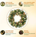 28 Inch Lighted Christmas Wreath with 50 Warm White LEDs and Timer, Battery Operated Pre-Lit Artificial Wreath with Pinecones, Ornaments and Gold Leaves for Front Door - Image 4