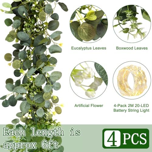 4 Pack Artificial Eucalyptus Garland with LED String Lights, 6FT DIY Lighted Faux Greenery Vines, Silk Fake Leaves for Wedding Table Runner, Fireplace Mantle, Battery-Operated - Image 4