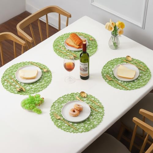 IcosaMro Round Woven Placemats Set of 12 for Dining Table, 15 Inches Paper Boho Decorative Circle Place Mats for Wedding Christmas Thanksgiving Day Holiday Dinner (Green) - Image 5