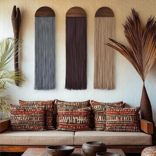 Macrame Wall Hanging Long Fringe Boho Wall Decor Handmade Wood 10" W*40" L - Image 4