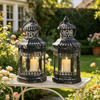 Set of 2 Black Distressed Metal Lanterns, Vintage Farmhouse Decorative Wind Lights, Rustic Hanging Candle Holders Lantern for Christmas, Mantel, Tabletop by Unknown