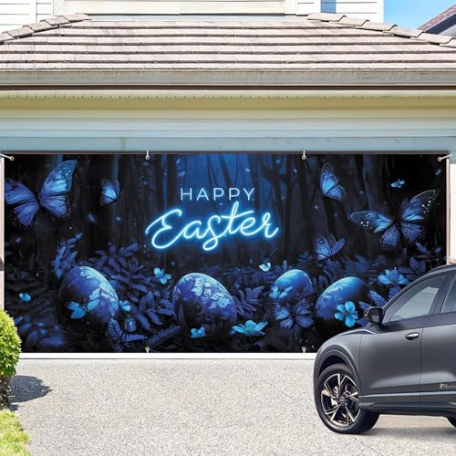 ANNA QUEEN Happy Easter Garage Door Banner 6x13FT, Blue Neon Easter Eggs and Butterflies Garage Door Cover, Large Outdoor Spring Decoration Backdrop for Double Garage Doors, Yard Party & Photo Booth - Image 2