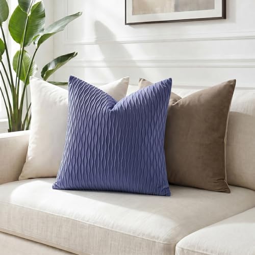 DEZENE 24x24 Blue Throw Pillow Covers: Pack of 2 Vertical Ripple Striped Velvet Square Decorative Pillow Cases for Farmhouse Couch Sofa Bed Living Room Home Decor - Image 4
