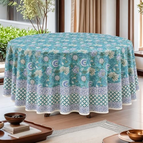 Ridhi Block Print Round Tablecloth Turquoise & Steel Blue 110 Inch Cotton by Ridhi