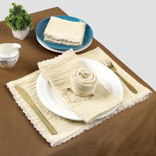 FINGERCRAFT Lace Cloth Napkins, Cotton Gauze, Set of 12, 20x20 Inch,Beige - Image 3