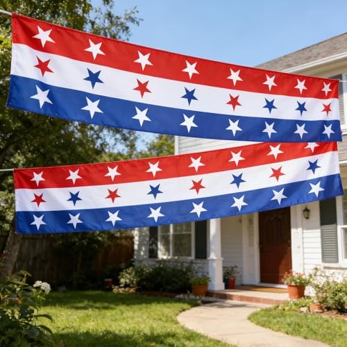2 Pack Patriotic Bunting Banner, 4th of July Outdoor Porch Decorations 2.5 x 20 ft Red White and Blue American Flag for Memorial Day, Veterans Day, Home Yard (Independence Day-2) - Image 7