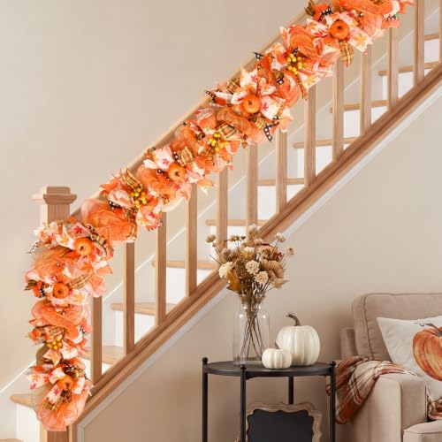 2Pcs 6 FT Fall Garland for Mantel, Autumn Garland with Pumpkin Ribbon & Berries, Thanksgiving Vine for Table Centerpiece, Fall Party Decor for Fireplace & Modern Farmhouse - Image 6