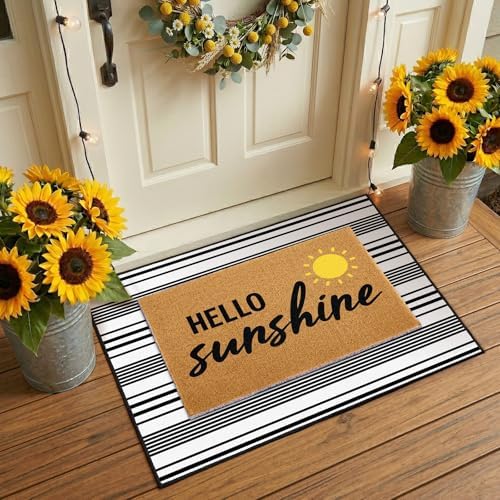2 Pcs Layered Front Porch Decor, Hello Sunshine Welcome Doormats Summer Coastal Entryway Rug Set, Black and White Striped Crystal Velvet Base and PVC Coil Door Mat, 15.7x23.6 & 23.6x31.5 by Unknown