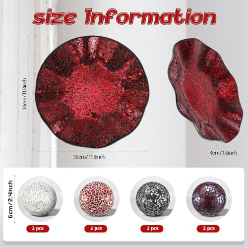 Suclain Centerpiece Bowl and Decorative Balls Set 8 Pcs Table Mosaic Plate with 2.4 Inch Glass Mosaic Orbs Glass Turquoise Tray and Spheres for Centerpiece Table Home Vases Decor (Red and Black) - Image 2