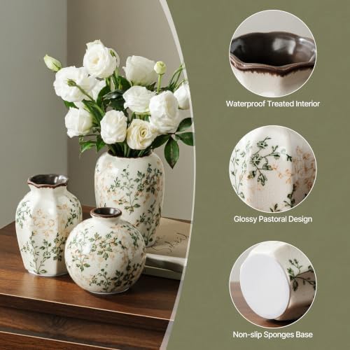 Ceramic Flower Small Vase for Home Decor, Vintage Green Vase Set of 3 - Image 5