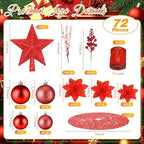 Realspring 72 Pieces Christmas Tree Ornament Set Xmas Assorted Decorations Bulk Glitter Poinsettia Berry Picks Topper Star Sequin Tree Skirts for Home Wreaths Holiday Party Favors (Red) - Image 2