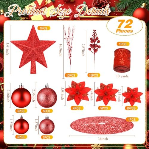 Realspring 72 Pieces Christmas Tree Ornament Set Xmas Assorted Decorations Bulk Glitter Poinsettia Berry Picks Topper Star Sequin Tree Skirts for Home Wreaths Holiday Party Favors (Red) - Image 2