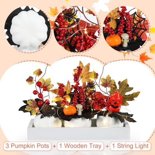 Yalikop 4 Pcs Pumpkin Table Centerpiece for Thanksgiving Decoration Mini Wood Tray with Artificial Fall Maple LED Light Skull Decor for Autumn Harvest Thanksgiving Party Supplies(White) - Image 3