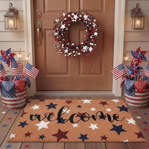 Tingjoo 2 Pcs 4th of July Door Mat and Patriotic Wreath for Front Door by Tingjoo