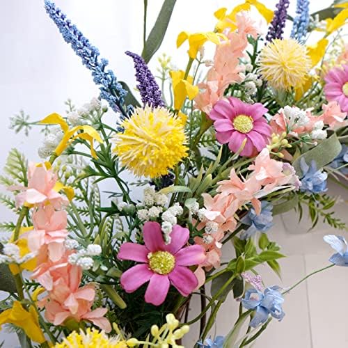 26 Inch Spring Summer Colorful Flower Wreath for Front Door, Forsythia Lavender Wild Flowers Wreath for Home Decor, Colorful Wild Flowers with Green Leaves for Everyday - Image 4