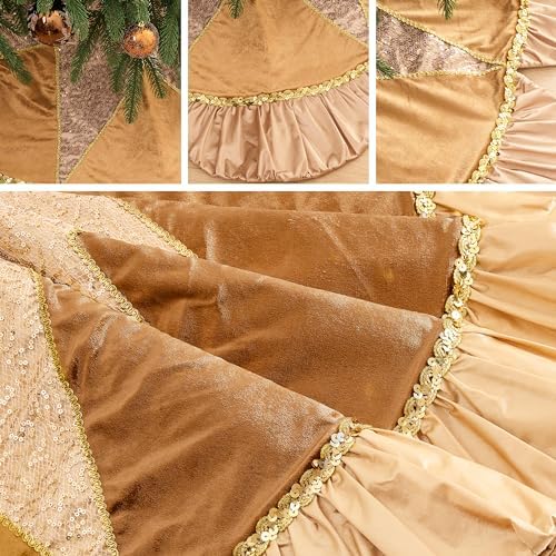 Valery Madelyn Christmas Tree Skirt for Tree Decorations, 48 inch Luxury Sparking Gold Large Xmas Velvet Tree Skirt with Starshaped Sequins Pattern & Ruffle Trim for Chritmas Decor - Image 6