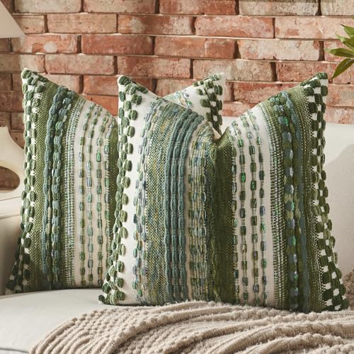 AmHoo Set of 2 Chenille Tufted Striped Textured Boho Throw Pillow Covers Aesthetic Woven Decorative Pillow Case for Couch Bed Sofa Bedroom Modern Funky 18 x 18-Inch Sage Green - Image 2