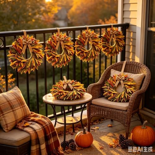 6 Pcs Small Fall Hanging Wreaths with Artificial Autumn Foliage Leaves Rustic Burlap Bow Mini Cabinet Wreath for Home Table Centerpieces Kitchen Farmhouse Thanksgiving Harvest Party Decor - Image 3